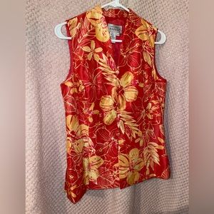 Adrianna Papell silk floral sleeveless  button down blouse red orange yellow